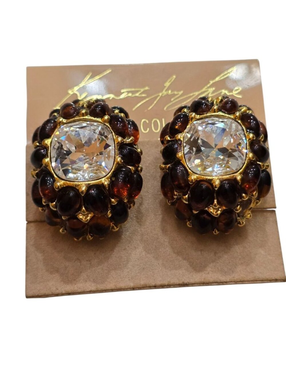 Vintage NOS Kenneth Jay Lane Couture Glass Cabochon Clip Earrings (A9328)